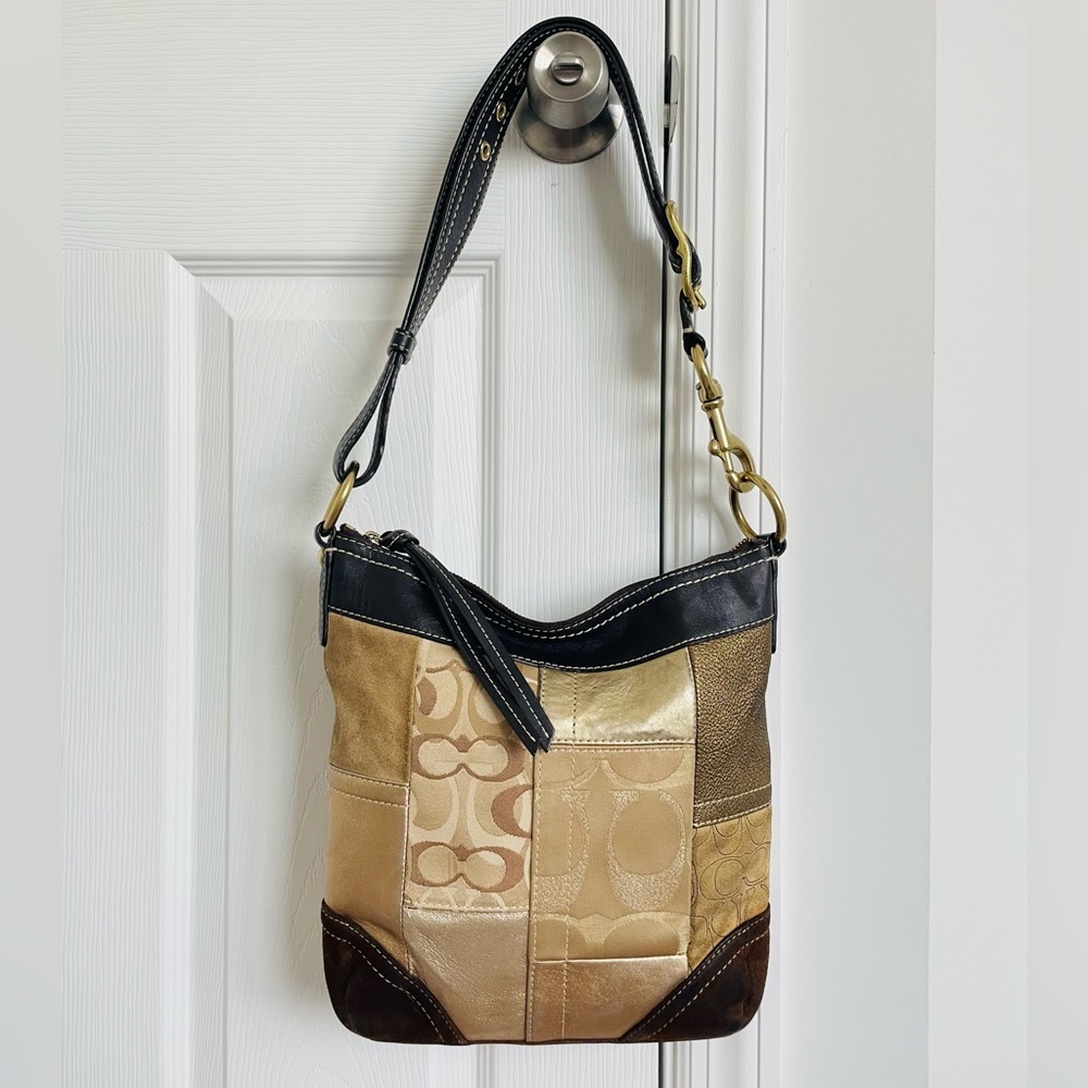 Coach Vintage Hobo Y2K Shoulder Bag Gold Brown‎ Patchwork Suede Leather Purse
